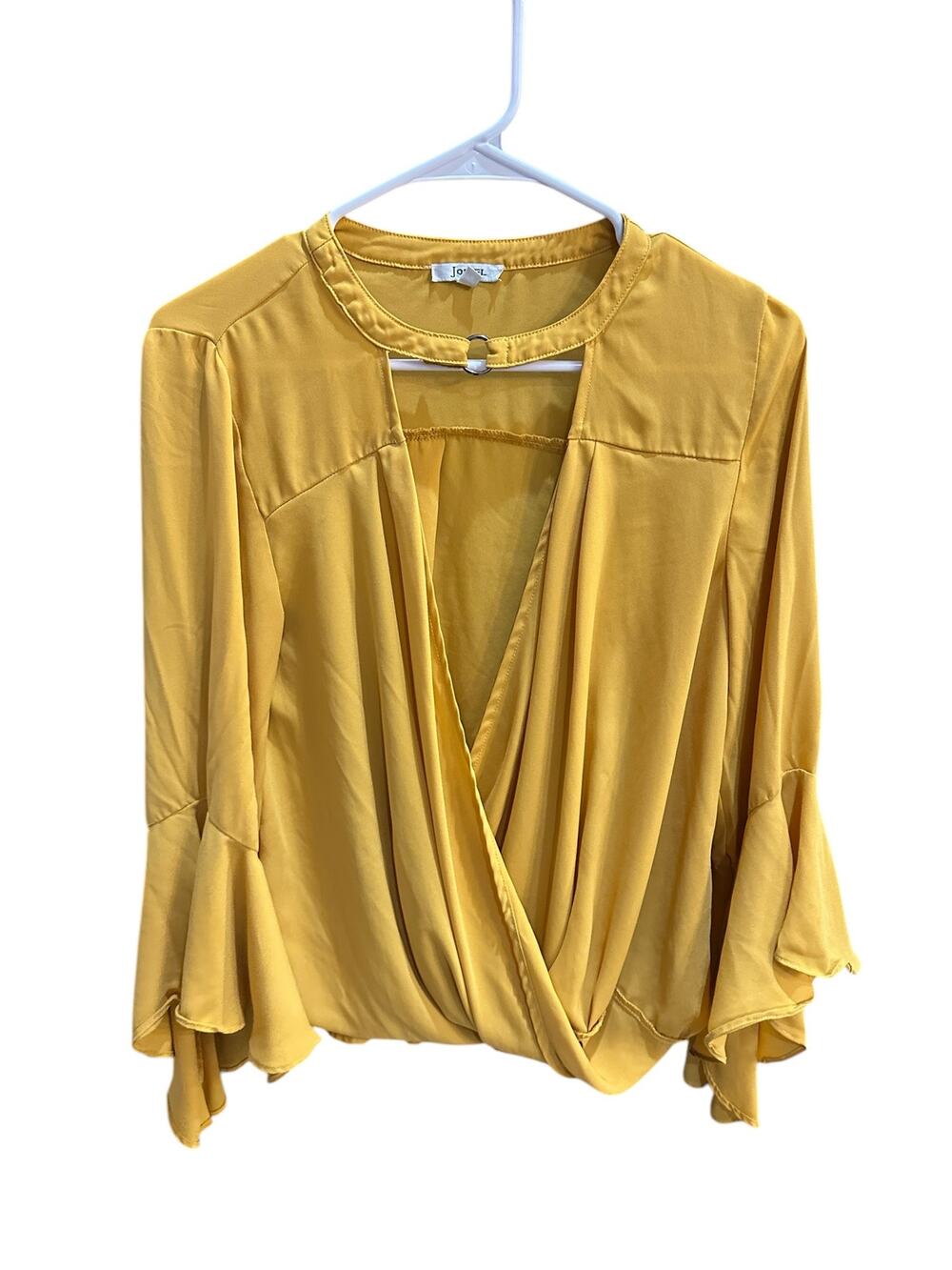 JODIFL Women's Small Yellow Keyhole V-Neck Neckline Drape Long Sleeve Blouse